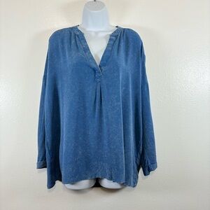 New In Elegant Denim Blue Mineral Washed Long Sleeve V neck Tunic Blouse SzM